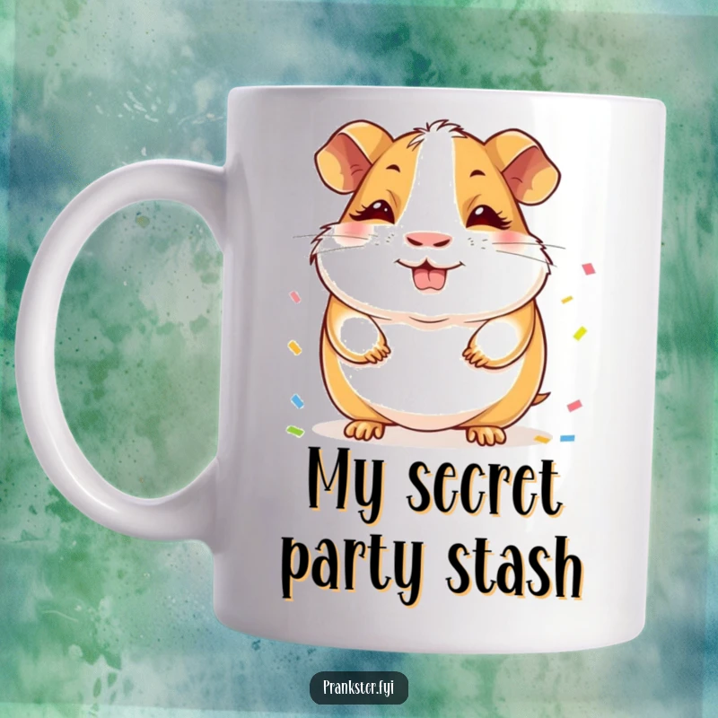 Funny Guinea Pig Mug: A cheerful guinea pig with a sly grin, hiding colorful confetti behind its back, ready for a party.