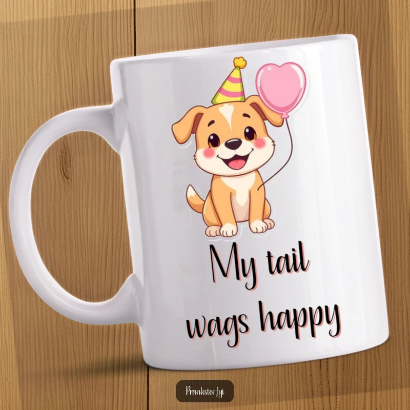 Funny mug featuring a cheerful dog wearing a party hat and holding a colorful balloon, radiating happiness.