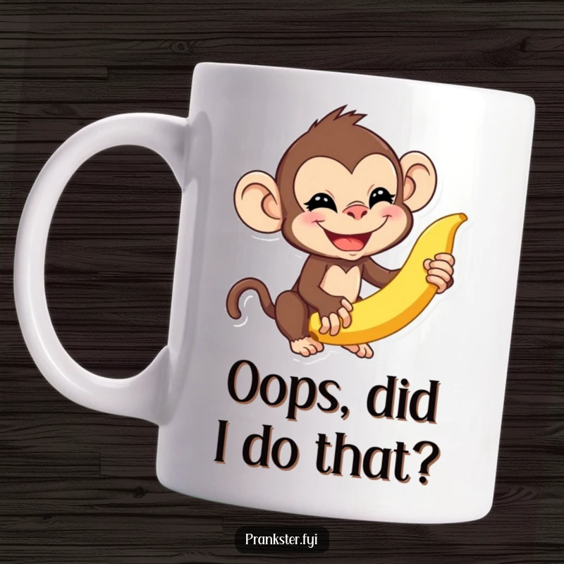 Funny monkey mug featuring a mischievous monkey about to flick a banana peel, symbolizing playful chaos and humor.