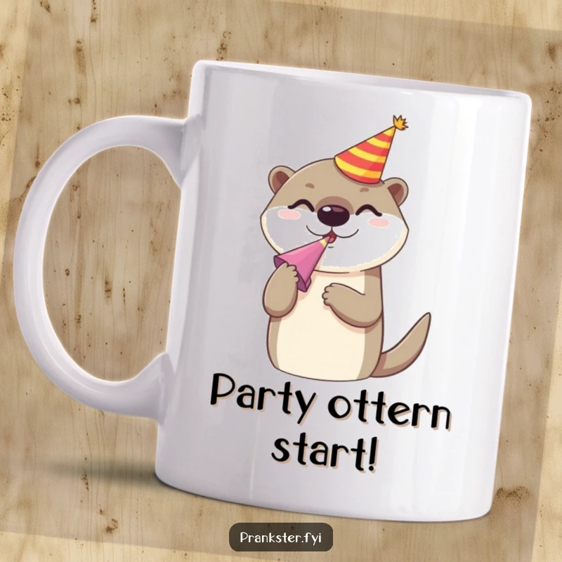 Funny mug featuring a cheerful otter in a party hat, joyfully blowing a noise maker, exuding pure excitement and party vibes.