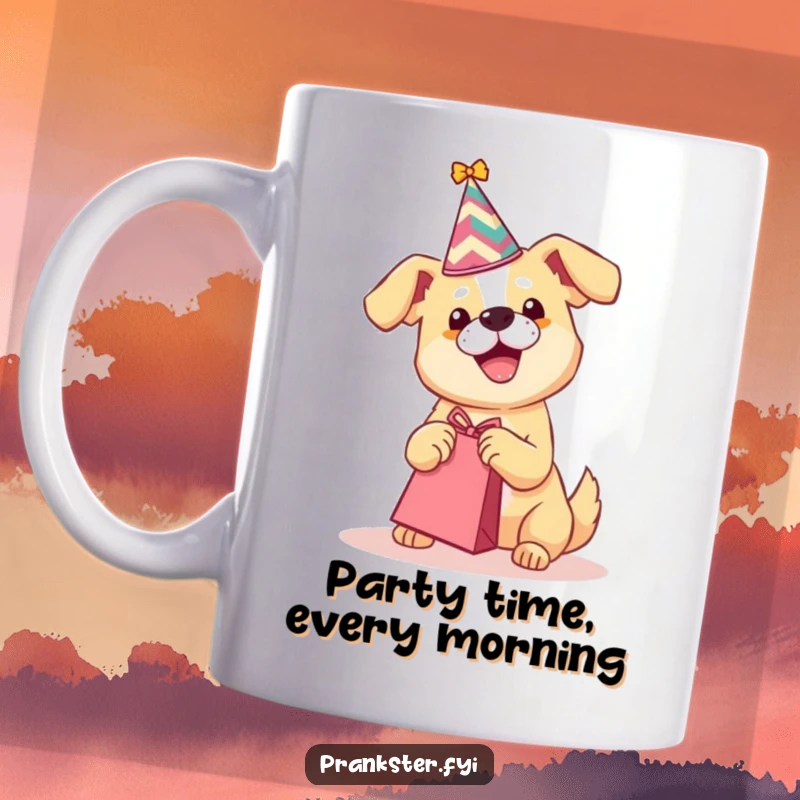Funny mug of a playful dog wearing a party hat and shaking a small gift bag, suggesting excitement and fun.