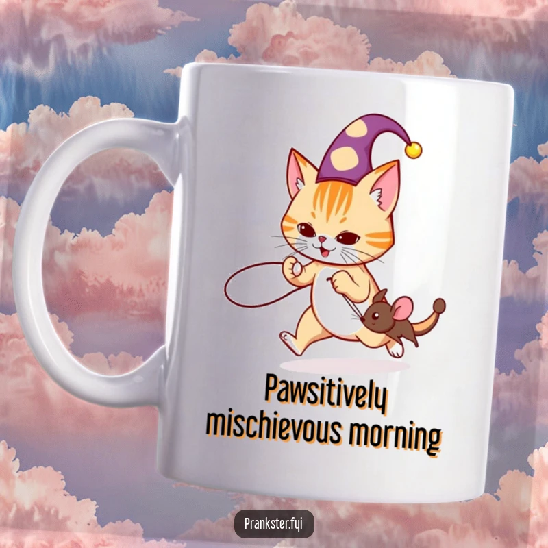Funny jester cat mug with a cat wearing a hat tripping a mouse with a string, a classic prank illustration.
