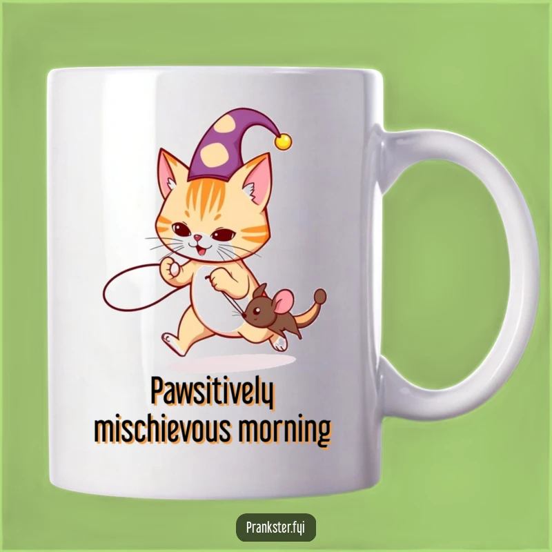 Funny Jester Cat Mouse Chase Mug: Playful Prank Ceramic Cup, Hilarious Gift