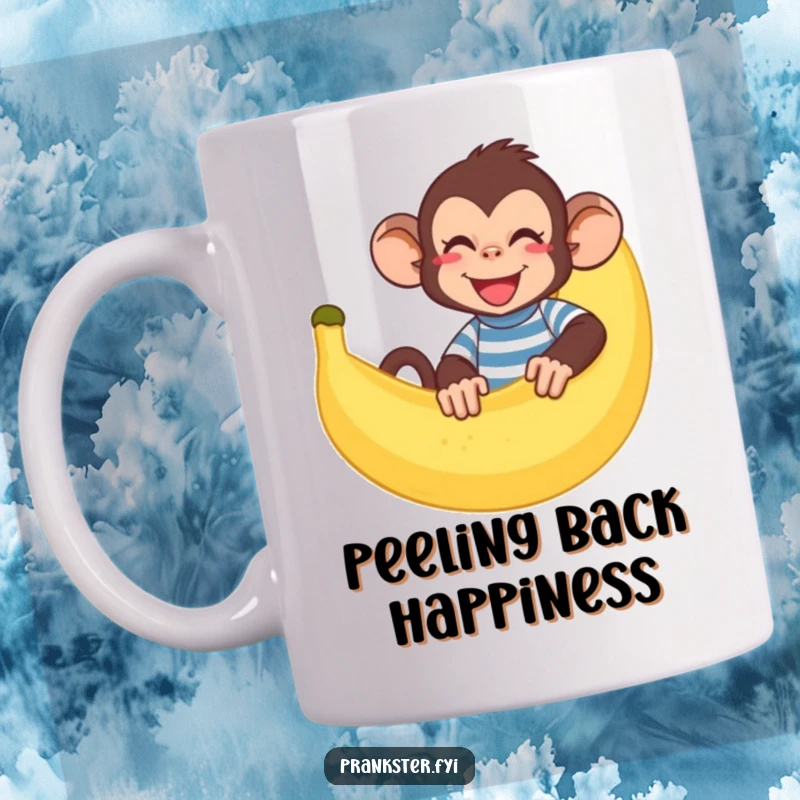 Funny monkey mug, giggling and hiding behind a large banana peel, wearing a striped shirt, showcasing playful mischief.
