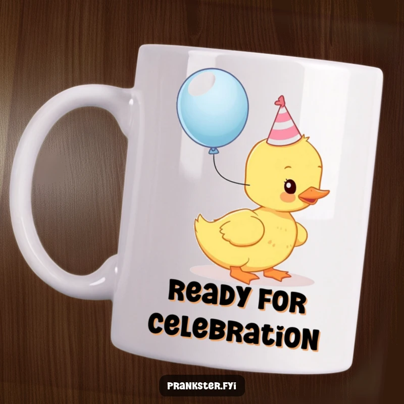 Funny Kawaii Duckling Mug: A cute duckling in a party hat is about to pop a balloon, full of playful, chaotic energy.