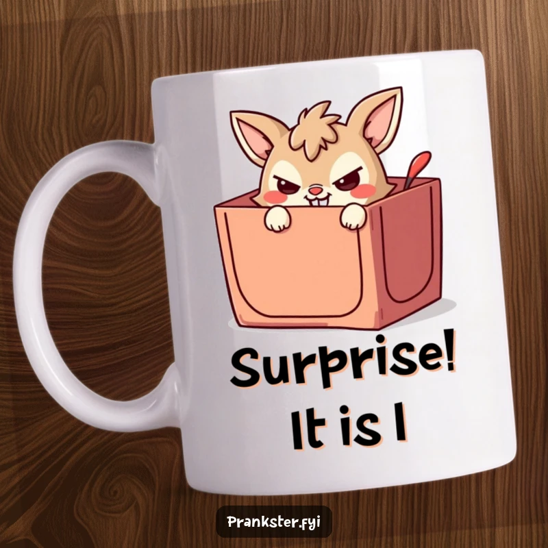 Funny mug with a mischievous animal character peeking out of a jack-in-the-box with a wicked grin, ready to spring a surprise.