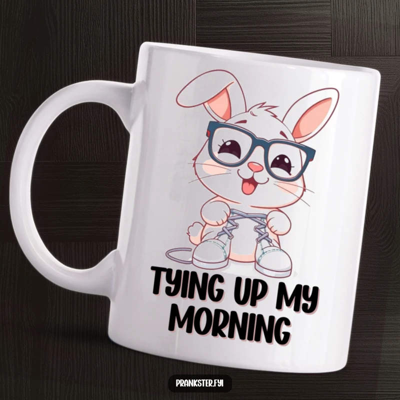 Funny rabbit mug wearing oversized spectacles, about to tie shoelaces together, a cheerful prankster design.