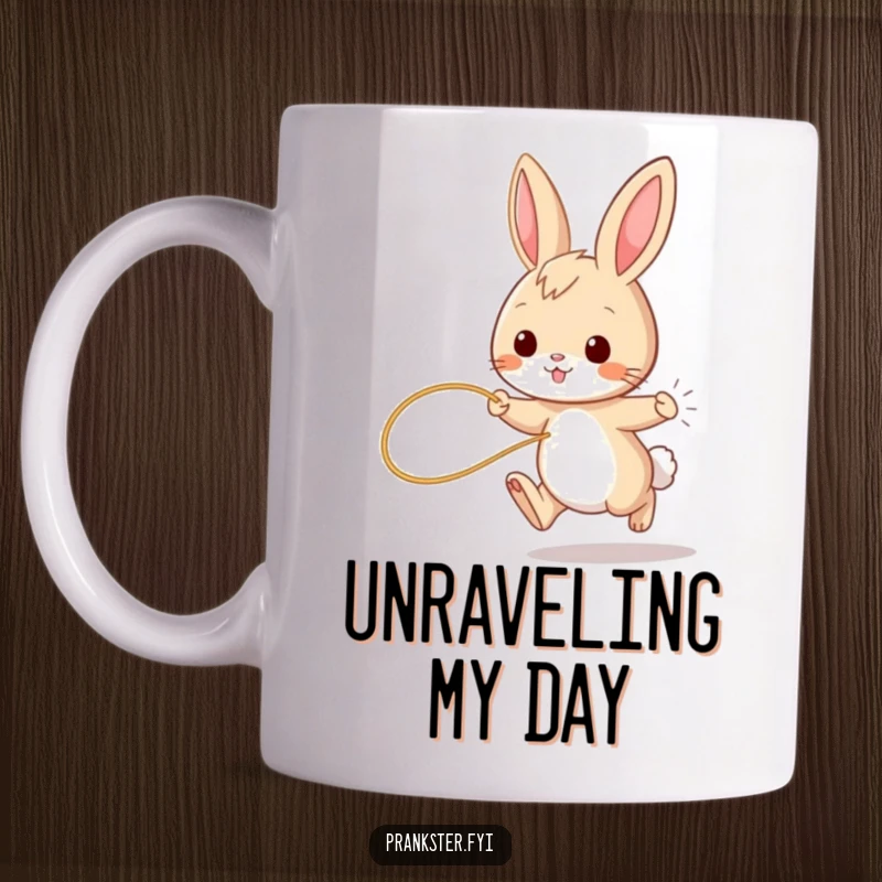 Funny bunny mug, playful rabbit hopping with a string tied to its tail, embodying mischievous fun and lightheartedness.