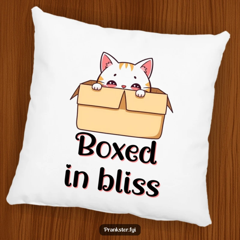 Funny pillow featuring a delighted cat character hiding in a box, with only its eyes visible.