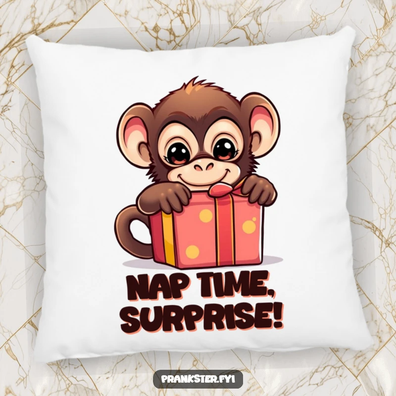 Funny pillow showcasing a mischievous monkey hiding behind a gift box, offering both comfort and a humorous touch.