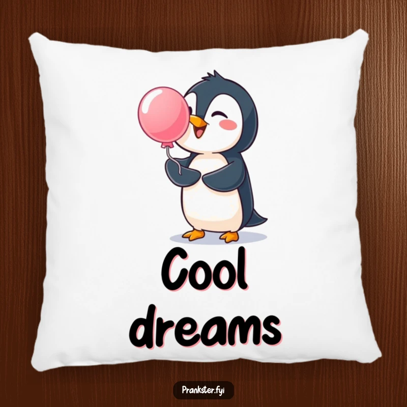 Funny penguin pillow, soft cushion with a cheerful penguin launching a water balloon, comfortable and cute.