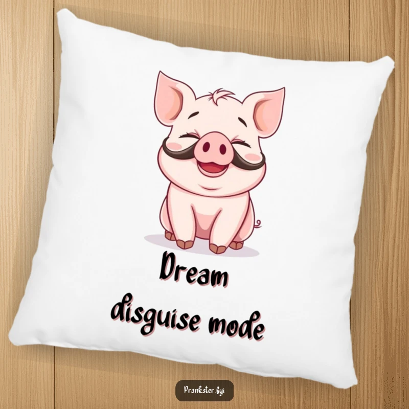 Funny pillow featuring a giggling piglet wearing a fake mustache and a silly grin, offering soft comfort and humorous appeal.