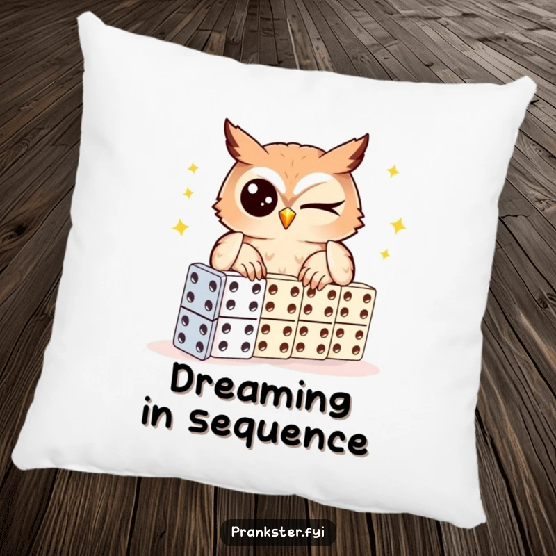 Funny owl pillow, soft cushion with a winking owl setting up dominoes, comfortable and wise.