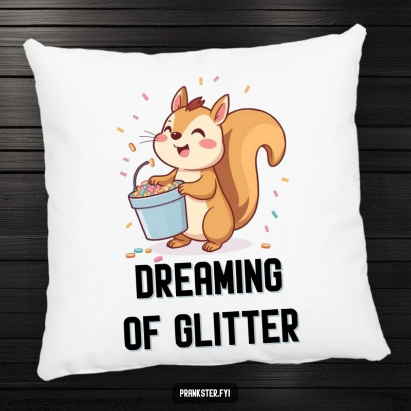 Funny squirrel pillow with a playful character holding a bucket of confetti, ready to toss it upwards.