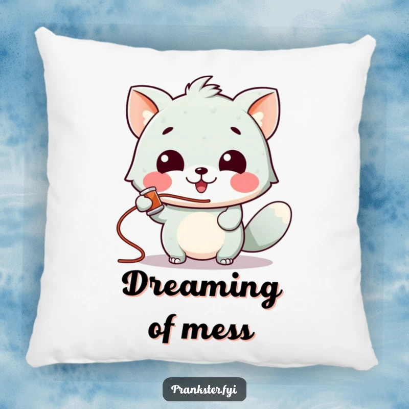 Funny pillow featuring a gleeful animal character spraying silly string, offering playful comfort and a cheerful vibe.
