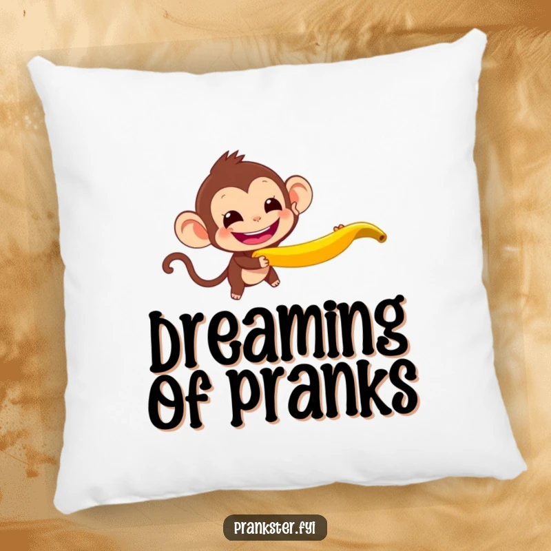 Funny Monkey Pillow featuring a mischievous monkey with a wide grin throwing a banana peel, soft and decorative, humorous playful accent.