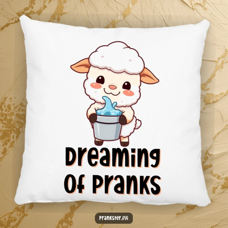 Funny Kawaii Sheep Pillow: A sheep with a mischievous grin holds a bucket of water, offering cozy and humorous prankster vibes.