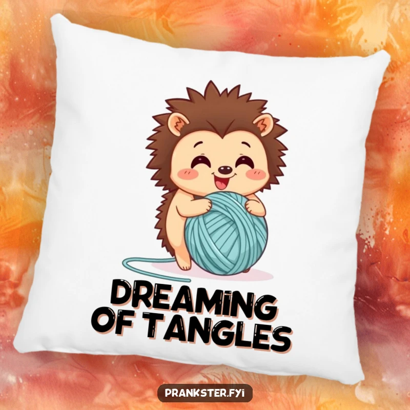 Funny pillow with a happy hedgehog rolling a ball of yarn, embodying pure contentment and crafting delight.