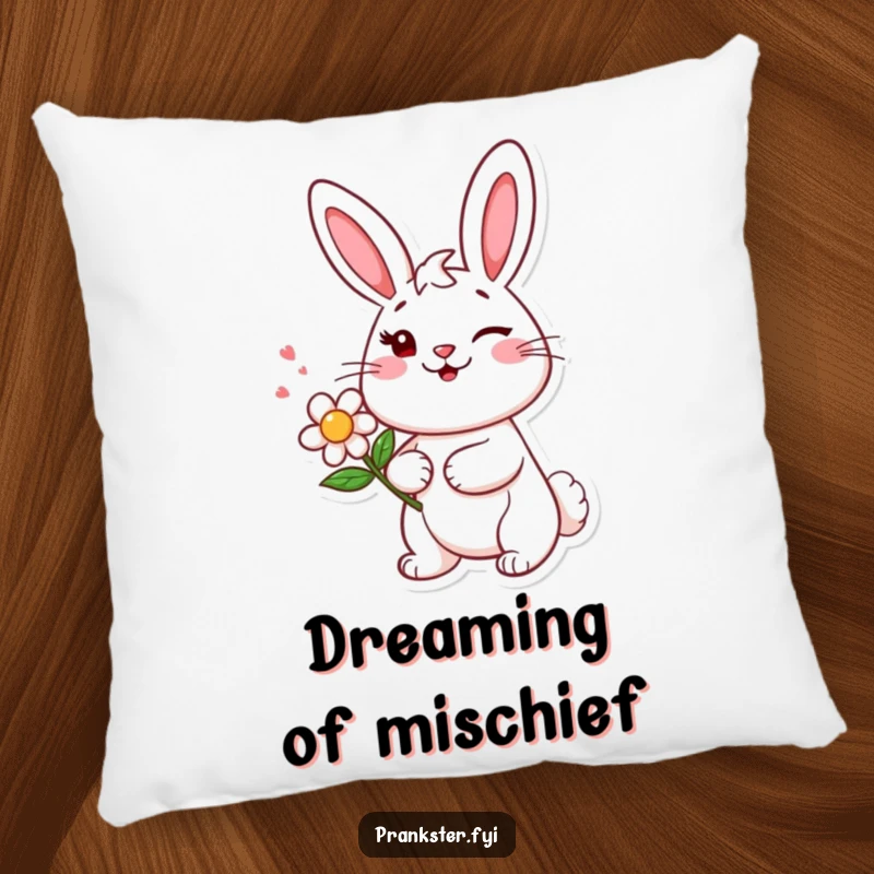Funny pillow featuring a cheerful bunny character winking mischievously, holding a squirting flower, ready to add humor.