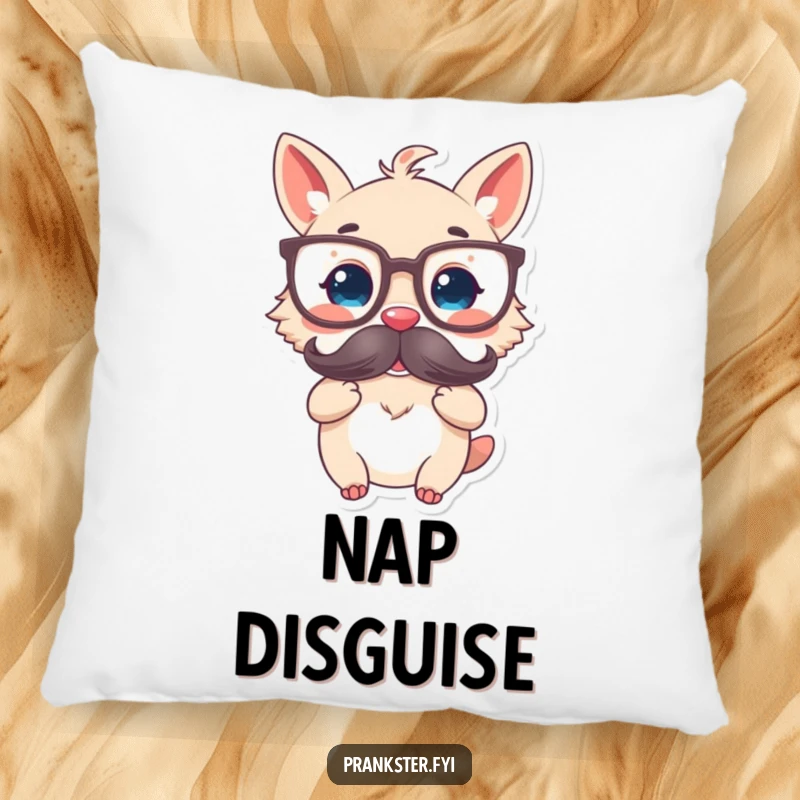 Funny pillow featuring a delighted animal character in oversized glasses and holding a fake mustache, bringing cozy intellectual vibes.