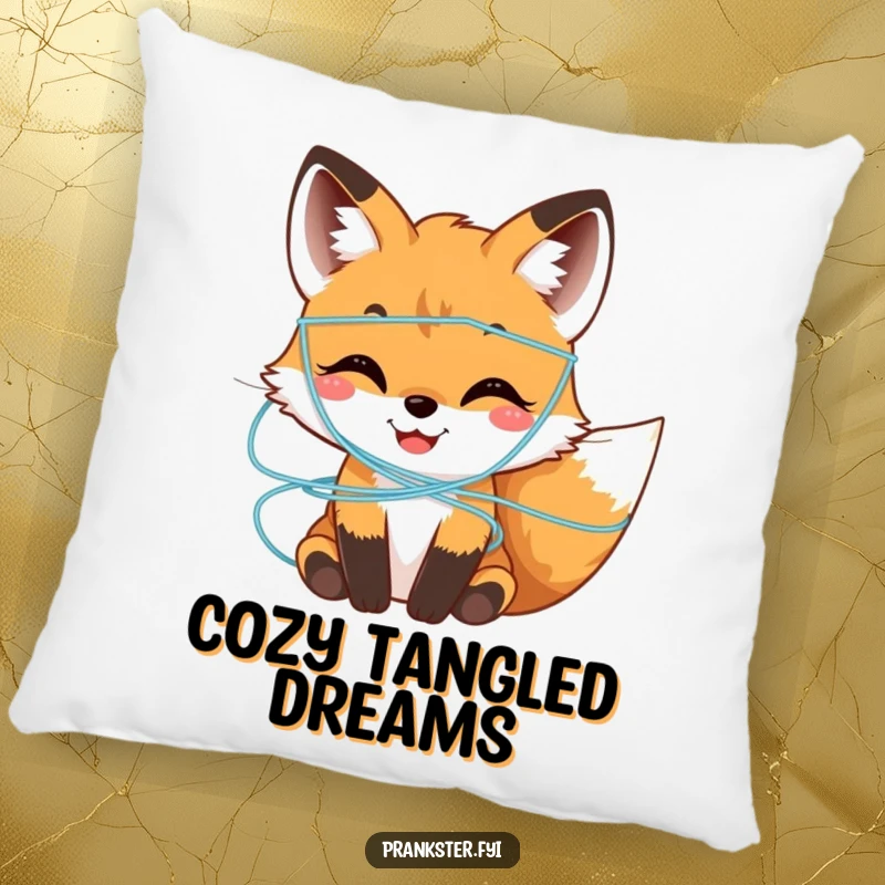 Funny Pillow featuring a happy fox cub covered in colorful silly string, offering a cozy and humorous decorative touch.