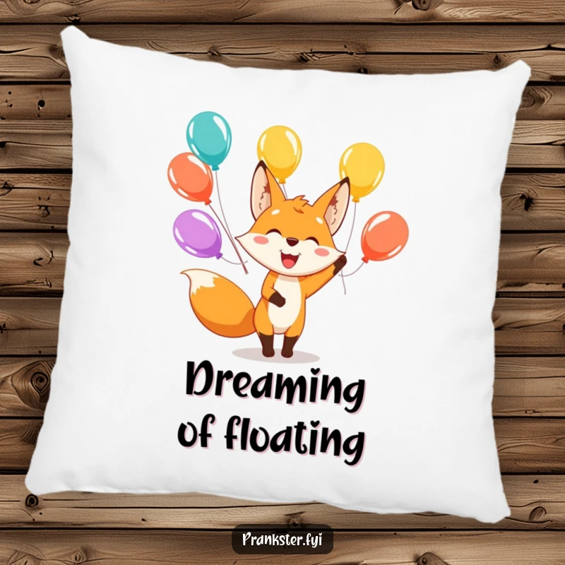 Funny pillow featuring a happy fox character juggling colorful balloons, providing plush comfort and cheerful vibes.