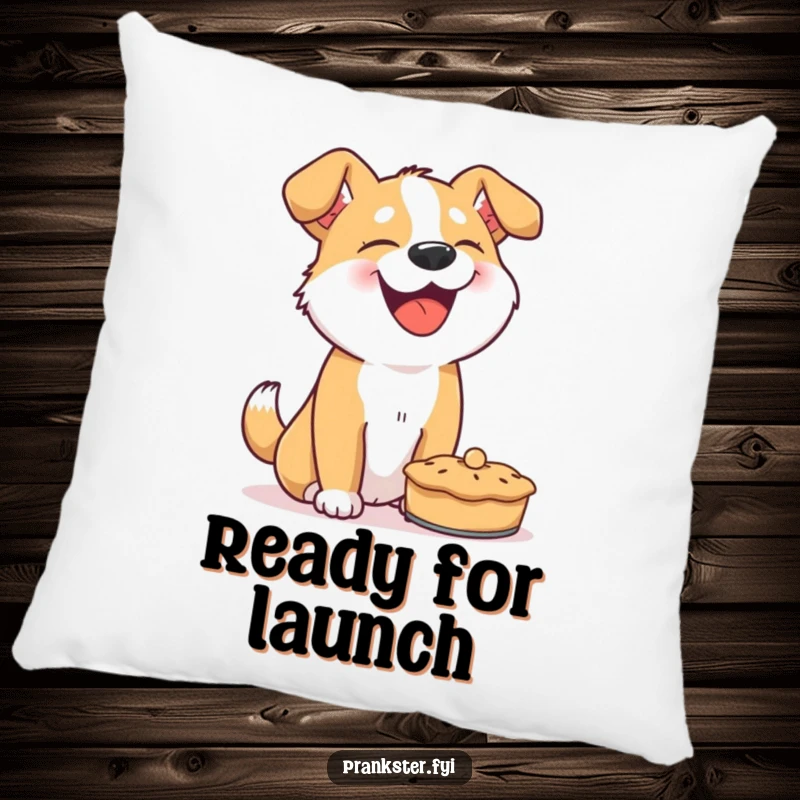 Funny dog pillow, soft cushion with a giggling dog planning a pie throw, comfortable and humorous home accent.
