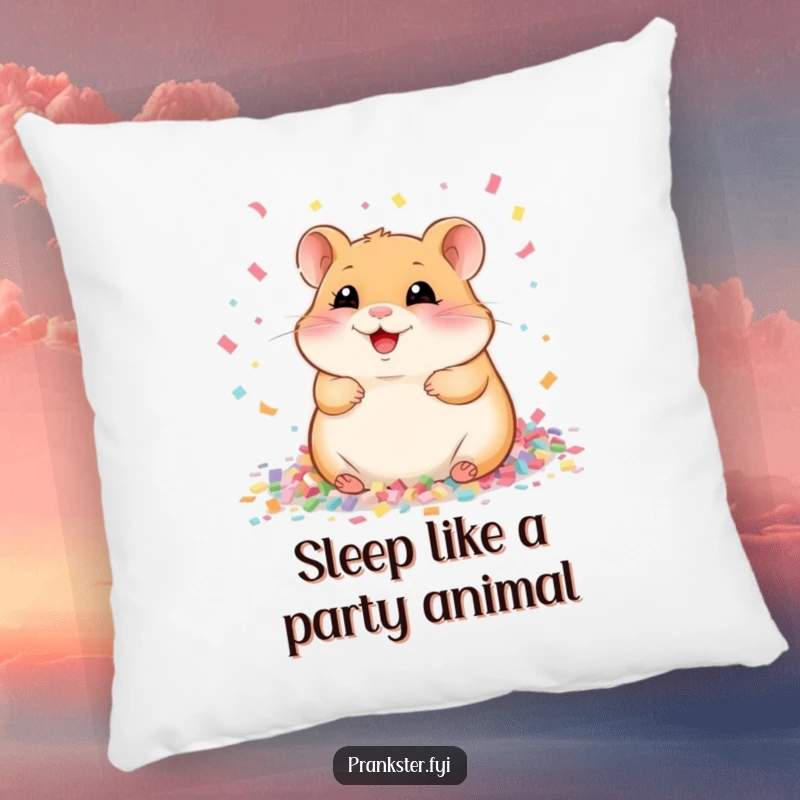Funny Pillow showcasing a gleeful hamster submerged in a cascade of confetti, symbolizing unrestrained joy and delightful silliness.