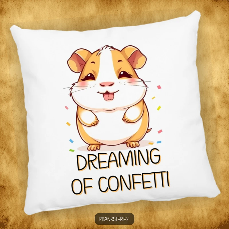 Funny Guinea Pig Pillow: A cheerful guinea pig with a sly grin, hiding a festive amount of confetti behind its back.