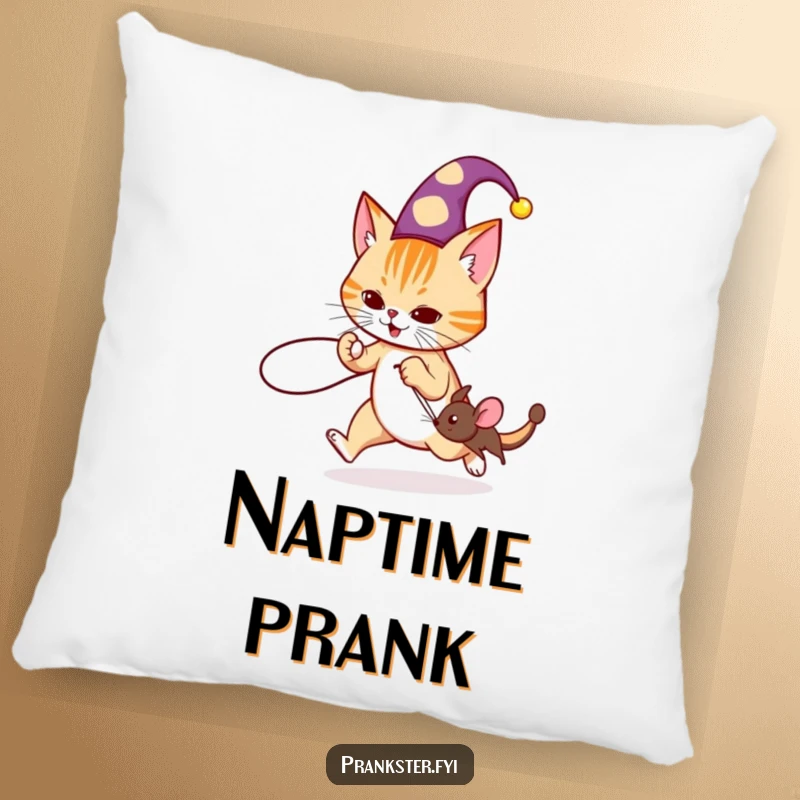 Funny jester cat pillow featuring a cat in a hat tripping a mouse with a string, soft and humorous.