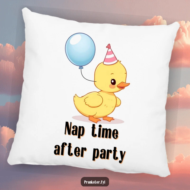 Funny Kawaii Duckling Pillow: A duckling in a party hat is about to pop a balloon, offering cozy and humorous party vibes.