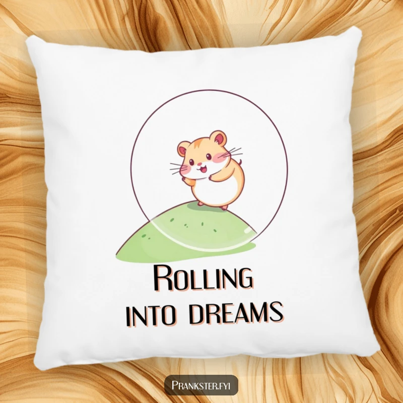 Funny Kawaii Hamster Pillow rolling down a hill inside a giant plastic ball, a soft and humorous accent pillow that brings energetic pet charm and cuteness.