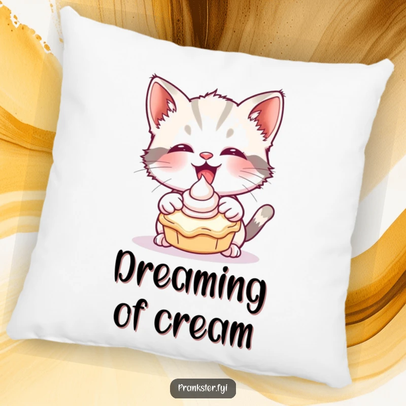 Funny pillow showcasing a giggling kitten playfully tossing a cream pie, a soft and humorous decorative item.