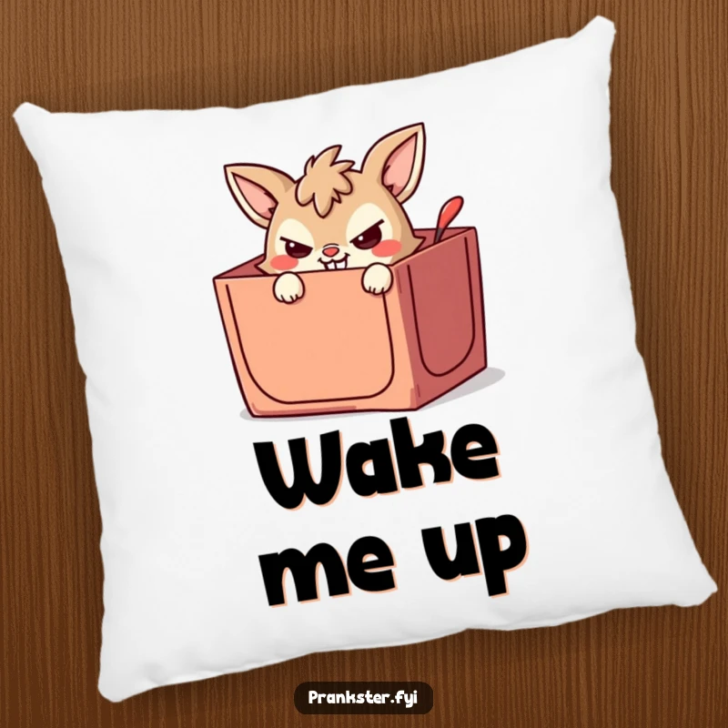 Funny pillow featuring a mischievous animal character peeking from a jack-in-the-box with a wicked grin, offering comfort and humor.