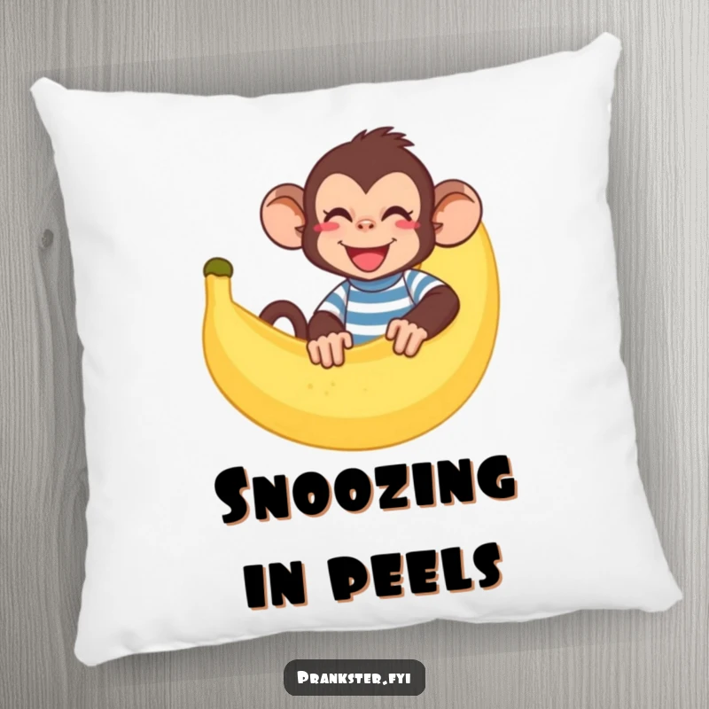 Funny monkey pillow featuring a giggling monkey hiding behind a large banana peel, soft and humorous.