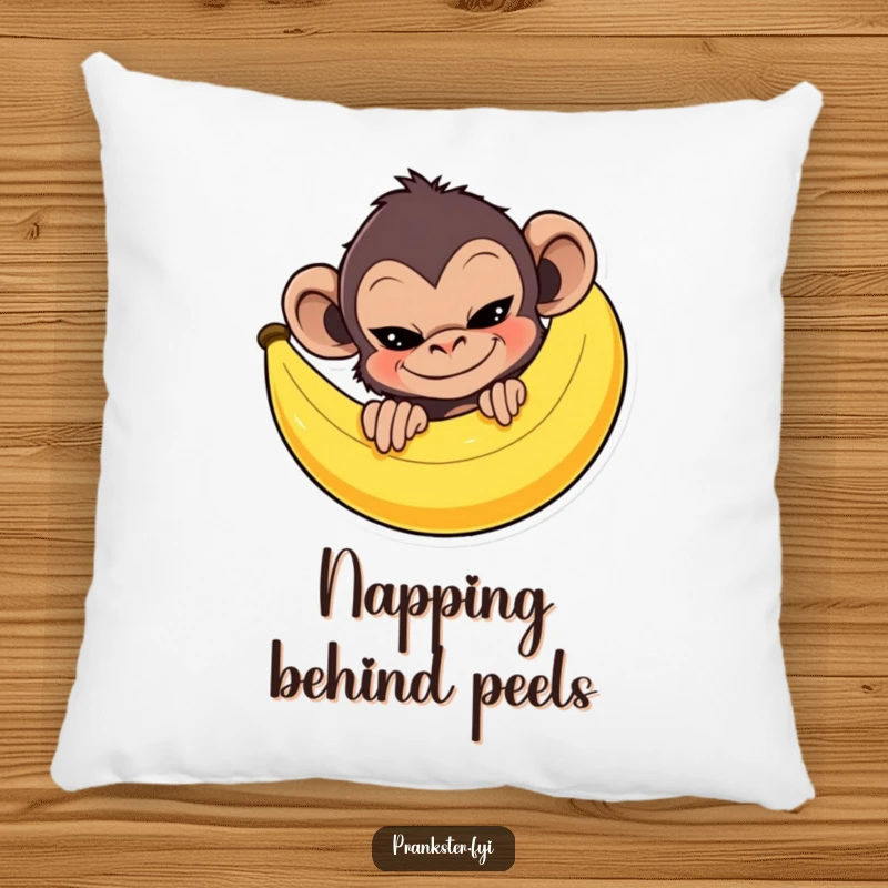 Mischievous monkey peeking behind a giant banana peel with a sly grin, on a plush and cozy funny pillow.
