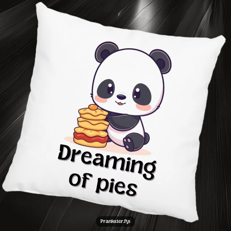 Funny pillow featuring a playful panda balancing a precarious stack of pies, offering comfort and a humorous touch to any room.