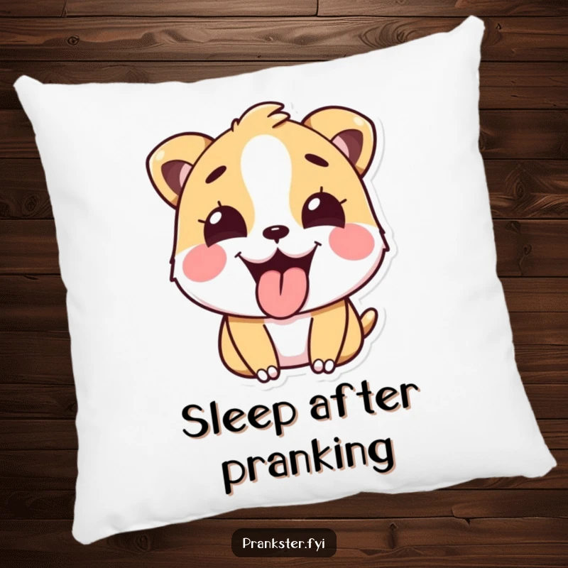 Funny Pillow featuring a happy animal sticking its tongue out playfully after a prank, a cozy funny gift.