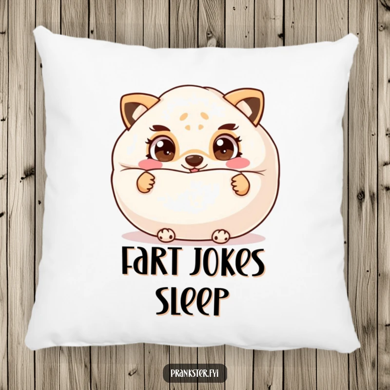 Funny pillow featuring a cheeky animal hiding behind a whoopee cushion, its mischievous eyes ready for a playful surprise.