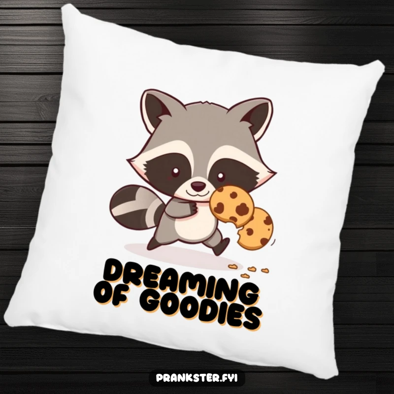 Funny pillow with a sly cartoon raccoon stealing a cookie, leaving crumbs, soft and decorative.