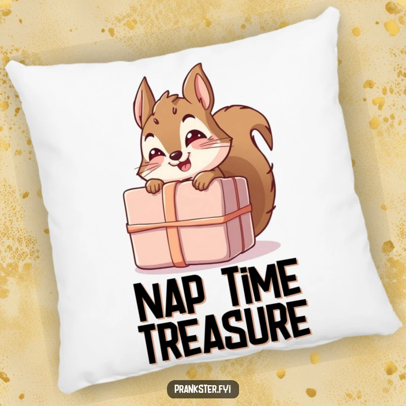 Funny pillow featuring a giggling squirrel character hiding behind a substantial unwrapped gift, offering plush comfort and humor.