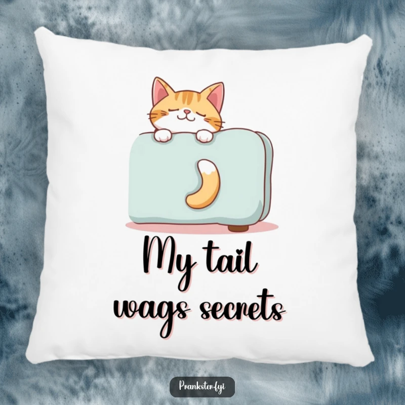 Funny pillow cushion displaying a giggling cat's tail behind a sofa, promoting comfort and humorous decor.