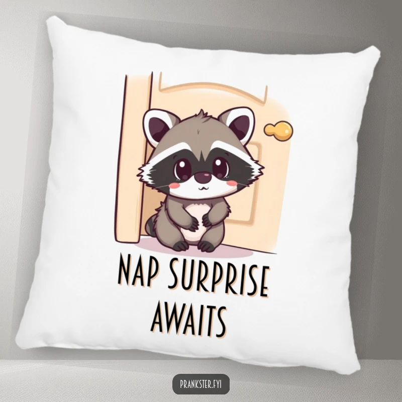 Funny Kawaii Raccoon Pillow hiding behind a door with a surprised expression, a soft and humorous accent pillow that brings surprise and cuteness to any room.