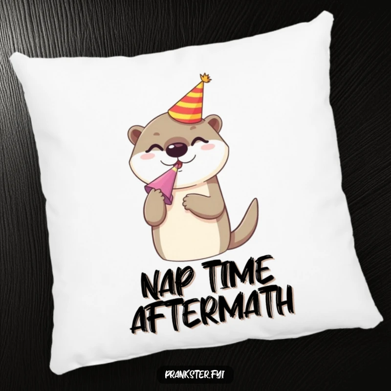 Funny decorative pillow featuring a cheerful otter in a party hat, blowing a noise maker, bringing festive cheer and plush comfort.