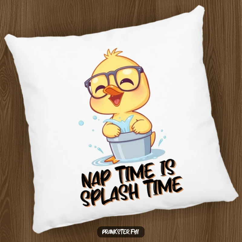 Funny giggling duckling in oversized glasses, about to splash water, a humorous and soft pillow for comfort.