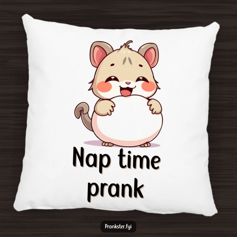 Funny pillow showcasing a giggling creature hiding a whoopee cushion, offering plush comfort and a touch of playful mischief to any seating area.