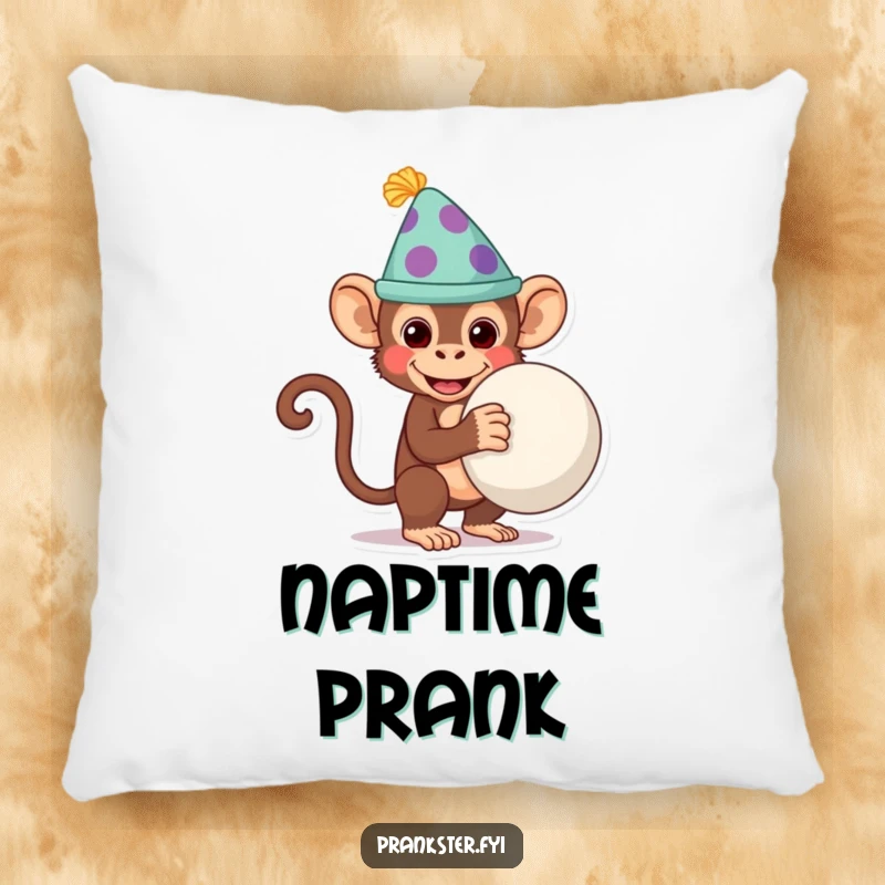 Funny monkey wearing a silly hat, holding a whoopee cushion behind its back, featured on a soft and decorative pillow.