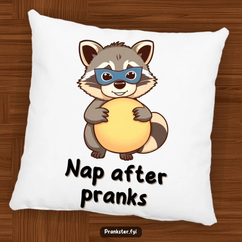 Funny raccoon whoopee pillow, mischievous masked raccoon holding a whoopee cushion, soft and humorous decor, ideal funny gift.