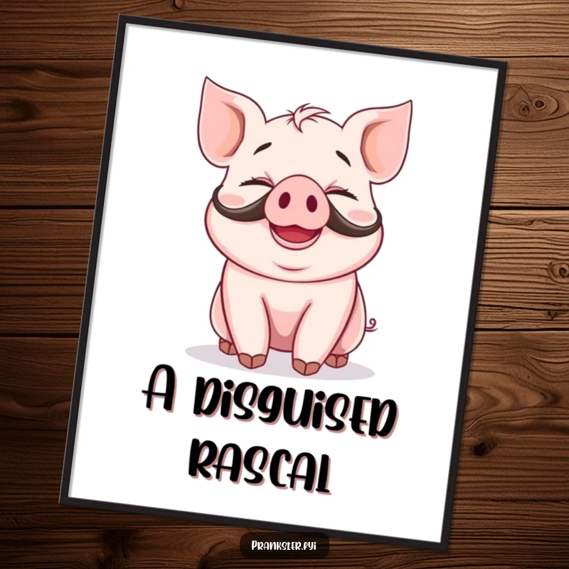 Funny digital art print of a giggling piglet wearing a fake mustache and a silly grin, ready for instant printing and framing.