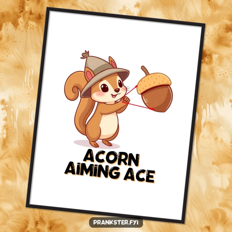 Funny squirrel acrobat digital art print, a squirrel in a hat using a slingshot to launch an acorn, creating a humorous and energetic scene.